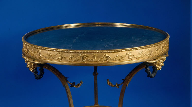 Magnificent Louis XVI <i>bronze dore and bronze patine gueridon with bleu turquin  marble top and base