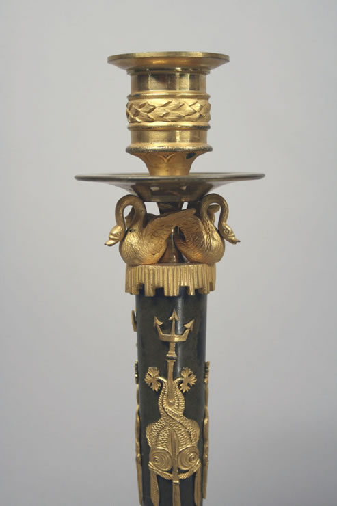 Pair Empire ormolu and bronze patine candlesticks