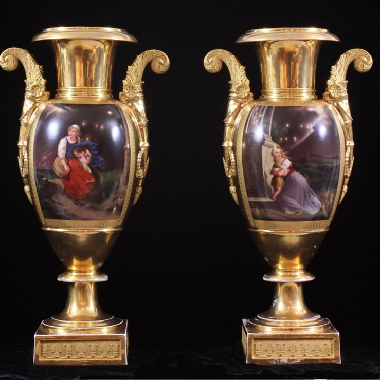 Pair Paris porcelain gilded and painted vases